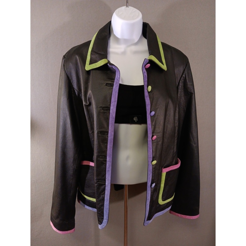 Vintage Metrostyle Black Leather Jacket Pink/Green Trim Pocket's Lined Sz 14 Y2K